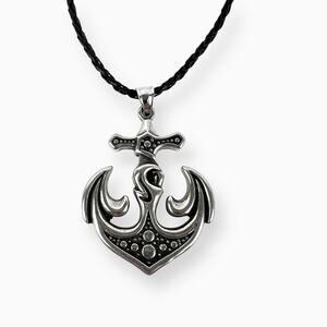 Anchor Pendant Necklace Silver Tone Gothic Fashion Nautical Black Braided Cord